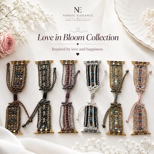 May include: Six beaded watch straps for smartwatches, each featuring intricate woven cord designs and metallic connectors. The straps display various colour palettes including bronze, black, purple, white, olive green, and pink, with faceted beads.