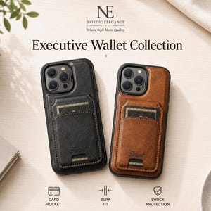 Könnte beinhalten: Zwei Smartphone-Hüllen aus der Nordic Elegance Executive Wallet Kollektion, eine in Schwarz und eine in Braun. Jede Hülle verfügt über ein Kartenfach auf der Rückseite, ein schmales Design und Stoßschutz. Der Text lautet Nordic Elegance, Executive Wallet Collection.