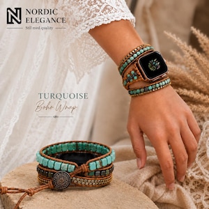 May include: A turquoise Boho wrap bracelet with a brown leather band and square turquoise beads. The bracelet is shown on a wrist with a smart watch. The image also shows a second bracelet with a decorative clasp. The text "TURQUOISE Boho Wrap" is visible.