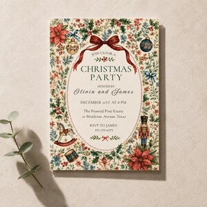 Christmas Party Invitation, Vintage Nutcracker Invite, Watercolor Floral Border, Festive Celebration, Editable Canva Template