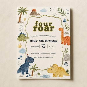 Może przedstawiać: Prostokątne zaproszenie na urodziny z akwarelowymi ilustracjami dinozaurów, wulkanu i palm. Tekst brzmi: four roar, join us for a dino-mite celebration!, Miles' 4th Birthday, SATURDAY SEPT. 14 2-4 PM, Clark House, 123 Juniper Way, Boulder, RSVP to Kelly at 123.456.7890.
