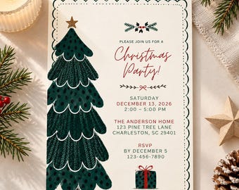 May include: A cream-colored Christmas party invitation card featuring a dark green illustrated pine tree with a gold star topper. The text reads: Please join us for a Christmas Party! Saturday December 13, 2026, 2:00-5:00 PM, The Anderson Home, 123 Pine Tree Lane, Charleston, SC 29401, RSVP by December 5, 123-456-7890.