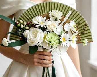 Bridal Bouquet Fan | Floral Handheld Fan for Wedding Photos | Fabric Flowers on Holding Fan | Bridal Accessory