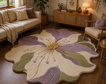3D Floral Tufted Rug, Oversized Flower Shape Carpet, Pastel Lavender Area Rug