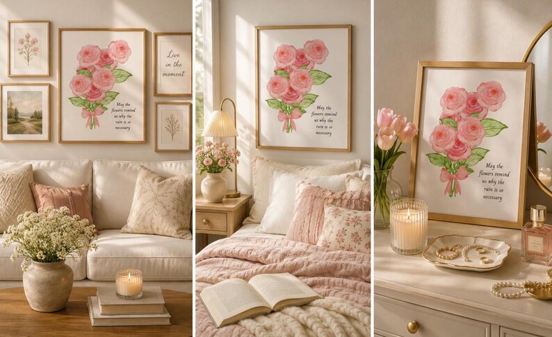 Pink Rose Bouquet Poster | Watercolor Floral Print, Inspirational Quote ...