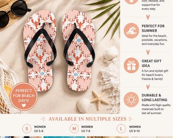 Lobster Print Flip Flops, Coastal Summer Beach Sandals
