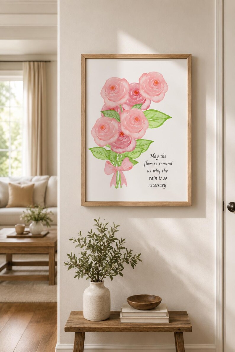 Pink Rose Bouquet Poster | Watercolor Floral Print, Inspirational Quote ...