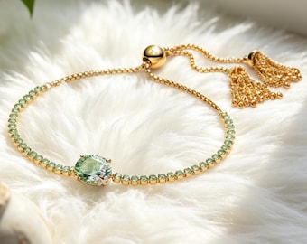 Pulsera Pandora de plata esterlina con delicada borla, pulsera de tenis ajustable, engastada con piedras preciosas verdes ovaladas, joyería de lujo para mujer.
