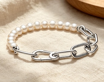 Pulsera de cadena estilo Pandora con perlas y diseño de clip, de plata de ley 925. Exquisita pulsera con perlas de agua dulce de diseño mixto. Un regalo para ella.