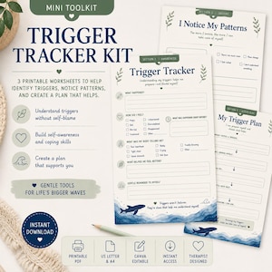 May include: A Trigger Tracker Kit consisting of three printable worksheets with sections for awareness, patterns, and action plans. The pages feature blue wave illustrations, checkboxes for emotional states, and prompts for identifying triggers and coping strategies.