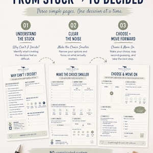 May include: A three-page decision-making worksheet set titled From Stuck to Decided. Each page features sections for understanding obstacles, clearing noise, and choosing a path, with prompts like Why Can't I Decide and Make the Choice Smaller.