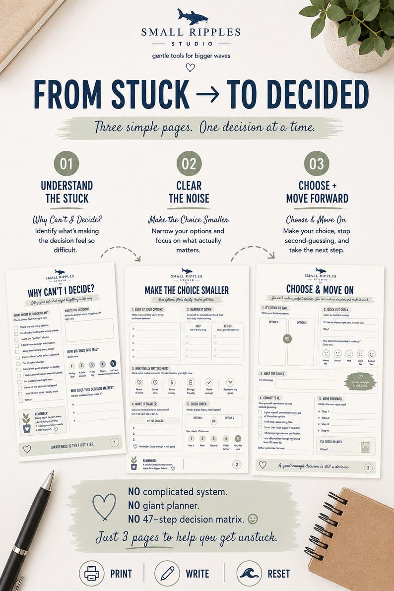May include: A three-page decision-making worksheet set titled From Stuck to Decided. Each page features sections for understanding obstacles, clearing noise, and choosing a path, with prompts like Why Can't I Decide and Make the Choice Smaller.