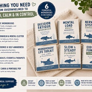 K&ouml;nnte beinhalten: Ein Set aus sechs spiralgebundenen Arbeitsheften mit den Titeln Decision Fatigue, Mental Load Reset, Nervous System Survival Kit, Neurodivergent Life Toolkit, Slow & Steady Planner und Executive Function Task Cards, jeweils mit einer Wal-Illustration.