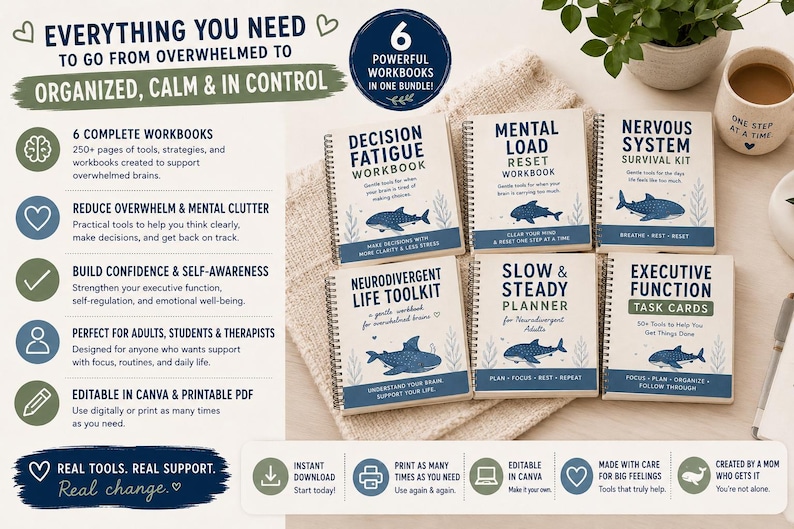 K&ouml;nnte beinhalten: Ein Set aus sechs spiralgebundenen Arbeitsheften mit den Titeln Decision Fatigue, Mental Load Reset, Nervous System Survival Kit, Neurodivergent Life Toolkit, Slow & Steady Planner und Executive Function Task Cards, jeweils mit einer Wal-Illustration.