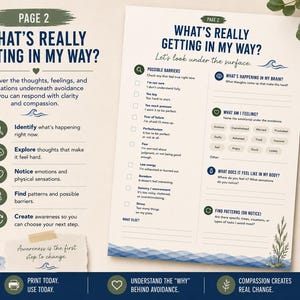 May include: A printable worksheet titled What's Really Getting In My Way? featuring sections to identify barriers, thoughts, feelings, and physical sensations. The document includes checkboxes, writing prompts, and blue wave illustrations with a light green pen.