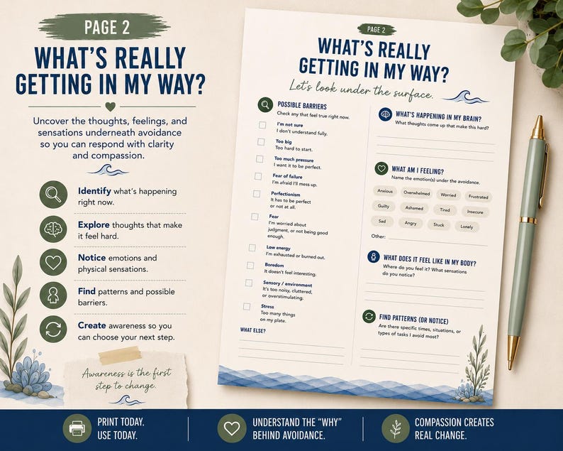 May include: A printable worksheet titled What's Really Getting In My Way? featuring sections to identify barriers, thoughts, feelings, and physical sensations. The document includes checkboxes, writing prompts, and blue wave illustrations with a light green pen.