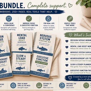 K&ouml;nnte beinhalten: Ein B&uuml;ndel aus sechs spiralgebundenen Arbeitsheften und Aufgabenkarten mit Hai-Illustrationen und blauem Text. Die Titel umfassen Decision Fatigue, Mental Load Reset, Nervous System Survival Kit, Neurodivergent Life Toolkit, Slow & Steady Planner und Executive Function Task Cards. Enth&auml;lt eine Inhaltsliste und Symbole f&uuml;r den digitalen Download.