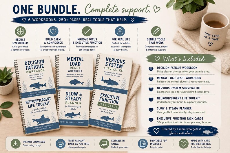 K&ouml;nnte beinhalten: Ein B&uuml;ndel aus sechs spiralgebundenen Arbeitsheften und Aufgabenkarten mit Hai-Illustrationen und blauem Text. Die Titel umfassen Decision Fatigue, Mental Load Reset, Nervous System Survival Kit, Neurodivergent Life Toolkit, Slow & Steady Planner und Executive Function Task Cards. Enth&auml;lt eine Inhaltsliste und Symbole f&uuml;r den digitalen Download.