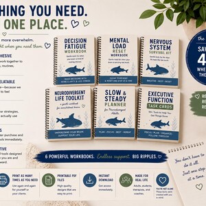 K&ouml;nnte beinhalten: Ein Set aus sechs spiralgebundenen Arbeitsb&uuml;chern mit den Titeln Decision Fatigue, Mental Load, Nervous System, Neurodivergent Life Toolkit, Slow & Steady Planner und Executive Function Task Cards, jeweils mit einer blauen Haifisch-Illustration.