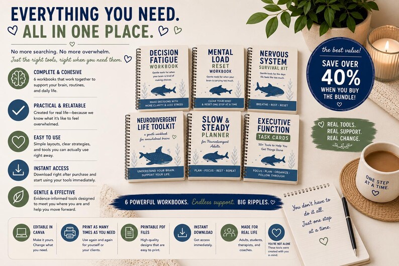 K&ouml;nnte beinhalten: Ein Set aus sechs spiralgebundenen Arbeitsb&uuml;chern mit den Titeln Decision Fatigue, Mental Load, Nervous System, Neurodivergent Life Toolkit, Slow & Steady Planner und Executive Function Task Cards, jeweils mit einer blauen Haifisch-Illustration.