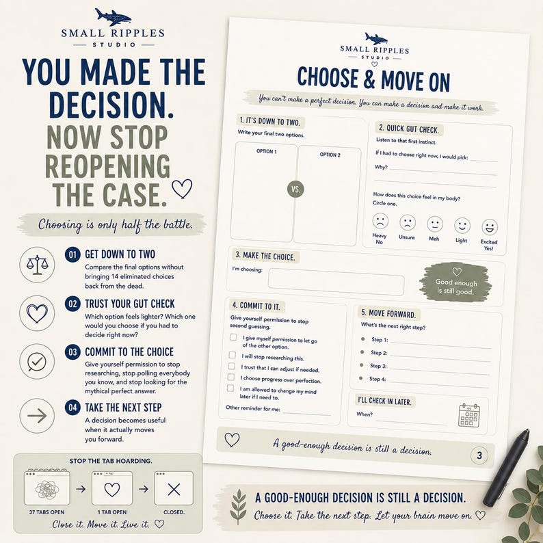 May include: A decision-making worksheet titled Choose & Move On from Small Ripples Studio. The document features sections for comparing two options, a gut check with emoji scales, a commitment statement, and steps to move forward with a black pen.