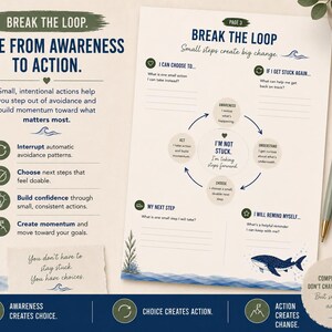 May include: A printed worksheet titled Break the Loop with sections for awareness, action, and choice. It features a central cycle diagram, text prompts for personal reflection, a whale illustration, and blue and olive green accents on cream paper.