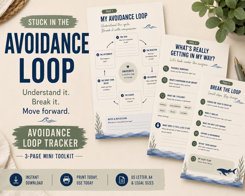 May include: A three-page printable toolkit titled Stuck in the Avoidance Loop, featuring a cycle diagram, reflection questions, and action steps. The documents use a blue and beige color scheme with wave illustrations and clear text prompts.