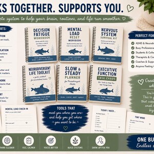 K&ouml;nnte beinhalten: Eine Sammlung von sechs spiralgebundenen Arbeitsb&uuml;chern und Planern mit den Titeln Decision Fatigue, Mental Load Reset, Nervous System Survival Kit, Neurodivergent Life Toolkit, Slow & Steady Planner und Executive Function Task Cards, mit Hai-Illustrationen.