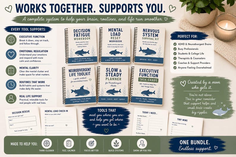 K&ouml;nnte beinhalten: Eine Sammlung von sechs spiralgebundenen Arbeitsb&uuml;chern und Planern mit den Titeln Decision Fatigue, Mental Load Reset, Nervous System Survival Kit, Neurodivergent Life Toolkit, Slow & Steady Planner und Executive Function Task Cards, mit Hai-Illustrationen.