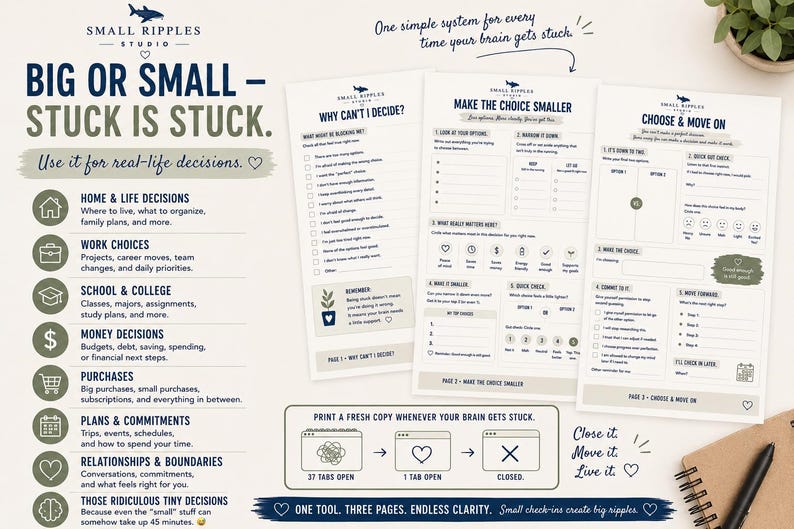 May include: A three-page decision-making guide titled Big or Small - Stuck is Stuck, featuring sections for identifying decision blocks, narrowing down options, and choosing a path. The pages include checklists, prompts, and icons for life, work, and money.