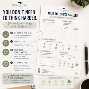 May include: A decision-making worksheet titled Make the Choice Smaller with numbered steps, checkboxes, and icons. The document includes sections for listing options, narrowing choices, and a quick check scale from 1 to 5 to evaluate decisions.