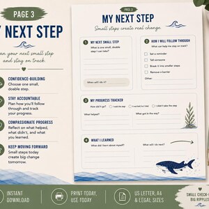 May include: A printable planner page titled My Next Step with sections for planning small steps, tracking progress, and reflecting on learning. The design features blue wave graphics, a whale illustration, and text prompts for goal setting and accountability.