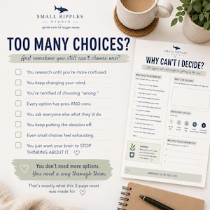 May include: A printed worksheet titled Too Many Choices with a checklist of decision-making struggles, alongside a second page titled Why Can't I Decide? featuring a questionnaire, a scale of 1 to 5, and a section for notes on decision-making.