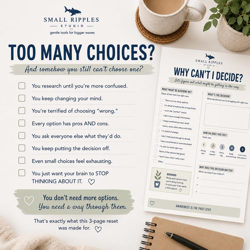 May include: A printed worksheet titled Too Many Choices with a checklist of decision-making struggles, alongside a second page titled Why Can't I Decide? featuring a questionnaire, a scale of 1 to 5, and a section for notes on decision-making.