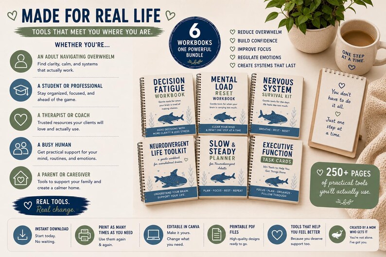 K&ouml;nnte beinhalten: Ein Set aus sechs spiralgebundenen Arbeitsb&uuml;chern mit den Titeln Decision Fatigue, Mental Load Reset, Nervous System Survival Kit, Neurodivergent Life Toolkit, Slow & Steady Planner und Executive Function Task Cards, jeweils mit einer blauen Haifisch-Illustration.