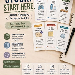 Adhd Task Cards Executive Dysfunction Help Paralysis Management Tool Printable Pdf Digital Download Editable Worksheet Cleaning Checklist