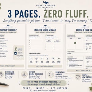 May include: Three printable decision-making worksheets titled "Why Can't I Decide?", "Make the Choice Smaller", and "Choose & Move On". The pages feature checklists, prompts, and icons to help navigate choices, with the Small Ripples Studio logo at the top.