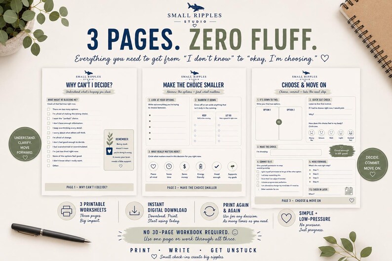 May include: Three printable decision-making worksheets titled "Why Can't I Decide?", "Make the Choice Smaller", and "Choose & Move On". The pages feature checklists, prompts, and icons to help navigate choices, with the Small Ripples Studio logo at the top.