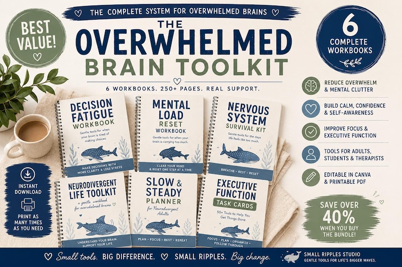 K&ouml;nnte beinhalten: Das Overwhelmed Brain Toolkit besteht aus sechs spiralgebundenen Arbeitsb&uuml;chern mit Blauwal-Illustrationen. Die Titel umfassen Decision Fatigue, Mental Load Reset, Nervous System Survival Kit, Neurodivergent Life Toolkit, Slow & Steady Planner und Executive Function Task Cards. Das Set enth&auml;lt &uuml;ber 250 Seiten.