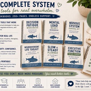 K&ouml;nnte beinhalten: Ein Set aus sechs spiralgebundenen Arbeitsb&uuml;chern mit den Titeln Decision Fatigue, Mental Load Reset, Nervous System Survival Kit, Neurodivergent Life Toolkit, Slow & Steady Planner und Executive Function Task Cards, jeweils mit einem blauen Hai.