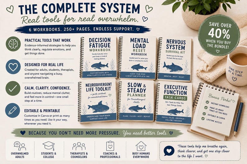 K&ouml;nnte beinhalten: Ein Set aus sechs spiralgebundenen Arbeitsb&uuml;chern mit den Titeln Decision Fatigue, Mental Load Reset, Nervous System Survival Kit, Neurodivergent Life Toolkit, Slow & Steady Planner und Executive Function Task Cards, jeweils mit einem blauen Hai.