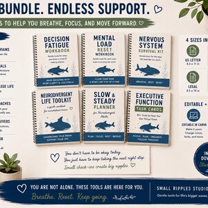 K&ouml;nnte beinhalten: Ein digitales Paket aus sechs spiralgebundenen Arbeitsheften und Aufgabenkarten mit Hai-Illustrationen und blauem Text. Die Titel umfassen Decision Fatigue, Mental Load Reset, Nervous System Survival Kit, Neurodivergent Life Toolkit, Slow & Steady Planner und Executive Function Task Cards. Enth&auml;lt US Letter, Legal, A4 und 11x17 Zoll Formate.