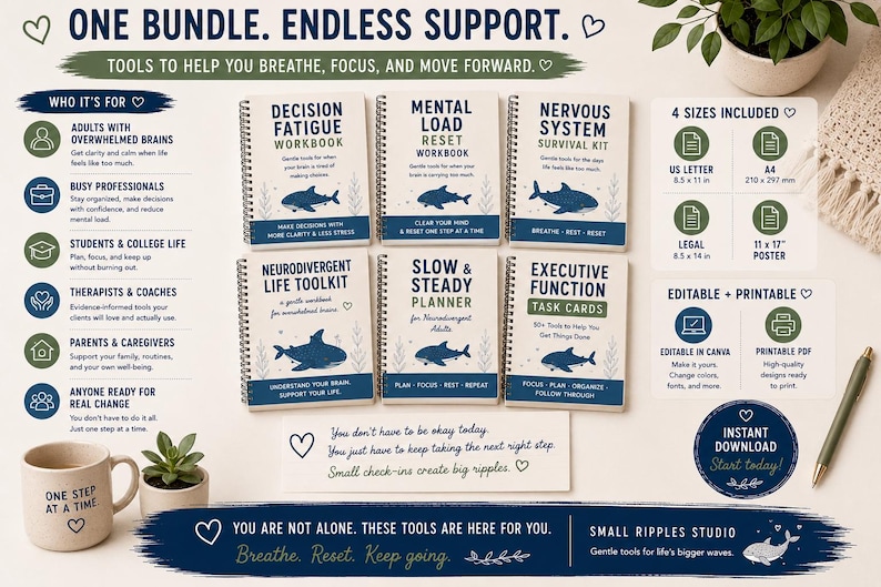 K&ouml;nnte beinhalten: Ein digitales Paket aus sechs spiralgebundenen Arbeitsheften und Aufgabenkarten mit Hai-Illustrationen und blauem Text. Die Titel umfassen Decision Fatigue, Mental Load Reset, Nervous System Survival Kit, Neurodivergent Life Toolkit, Slow & Steady Planner und Executive Function Task Cards. Enth&auml;lt US Letter, Legal, A4 und 11x17 Zoll Formate.