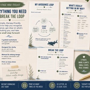 May include: A three-page mini toolkit for self-reflection featuring worksheets titled My Avoidance Loop, What's Really Getting In My Way, and Break The Loop. The pages include prompts, checklists, and a whale graphic, all designed with a calm aesthetic.