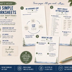 May include: Three printed therapy worksheets titled My Avoidance Loop, What's Really Getting In My Way, and Break The Loop. The pages feature blue text, wave illustrations, and green plant accents. The set includes prompts for self-reflection, checklists, and space for writing notes to help identify personal barriers and take small steps forward.