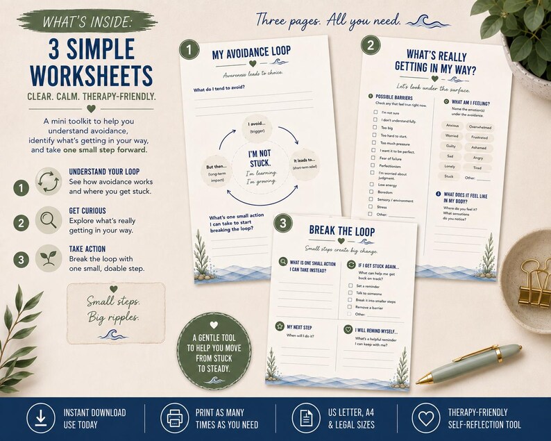 May include: Three printed therapy worksheets titled My Avoidance Loop, What's Really Getting In My Way, and Break The Loop. The pages feature blue text, wave illustrations, and green plant accents. The set includes prompts for self-reflection, checklists, and space for writing notes to help identify personal barriers and take small steps forward.