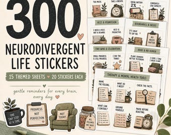 Neurodivergent Stickers Printable, 300 ADHD Self Care Stickers, Mental Health Planner Stickers, Executive Function & Therapy Stickers