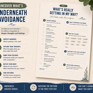 May include: A printed worksheet titled Uncover What's Underneath Avoidance and What's Really Getting In My Way, featuring checklists and prompts for identifying barriers, thoughts, feelings, and physical sensations, accompanied by a light green pen.