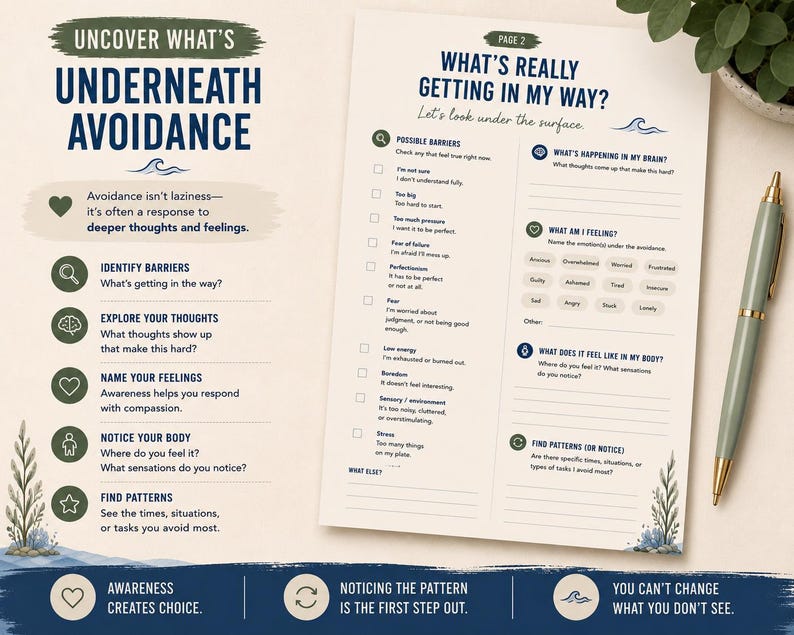 May include: A printed worksheet titled Uncover What's Underneath Avoidance and What's Really Getting In My Way, featuring checklists and prompts for identifying barriers, thoughts, feelings, and physical sensations, accompanied by a light green pen.