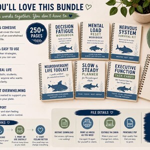 K&ouml;nnte beinhalten: Ein B&uuml;ndel aus sechs spiralgebundenen Arbeitsheften mit den Titeln Decision Fatigue, Mental Load, Nervous System, Neurodivergent Life Toolkit, Slow & Steady Planner und Executive Function, inklusive Haifisch-Illustrationen, blauem Text und Grafiken.